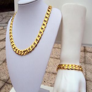 Heavy Stamp 24k Yellow Real Solid Gold GF Men's Bracelet necklace Cuban Chain Set Birthday 12MM wider jewelry SETS SHIPP2447