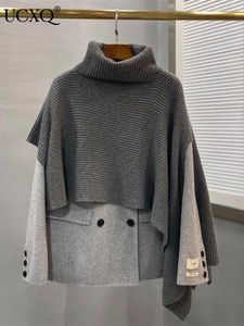 Kadın Ceketleri UCXQ Cape Sweater Şal Uzun Kollu Çifte Moda Gevşek İnce Yün Palto 2023 Sonbahar Kış Kadın Giysileri 23A5367 231205