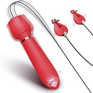 Sex Toy Massager 2 in 1 Vibrating Nipple Clamps Chest Clips Dildo Vibrator for Women g Spot Breast Massager Female Rose Toys Adult Couple