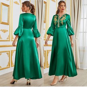 Vintage Silk Satin Muslim Woman Maxi Dress Lantern Sleeve V-Neck Slim Floral Green High Waist Party Loose Big Swing Vacation Dresses 2023 Spring Fall Sweet Girl Frocks