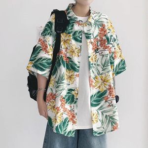 Camisas casuais masculinas verão havaiano praia seaside flor camisa para homens botão vintage até fino meia manga curta roupas de moda coreana