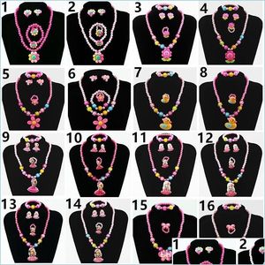 Other Jewelry Sets New 10Pcs/Lot Childrens Jewelry Sets Chain Plastic Cartoon Set Four Pieces Bead Bracelet Earrings Ring Necklace Dro Dh15H