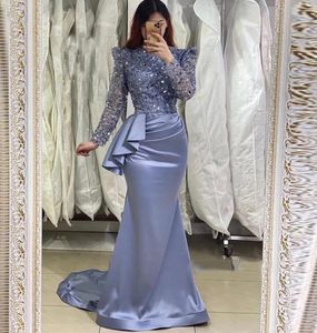 Dusty Blue Satin Evening Dress 2024 Glitter Sequin Top Mermaid Long Sleeves High Neck Pleats Arabic Women Formal Prom Gowns Robe De Soriee