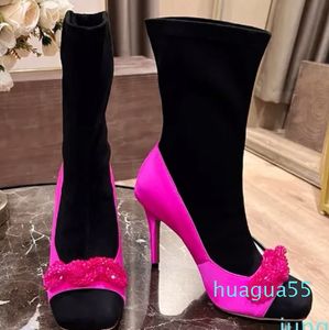 Aquazura Satin Stretch Suede Stiletto Heels Ankle boots crystal beaded decorative square toe sideWomen's Luxury Desig