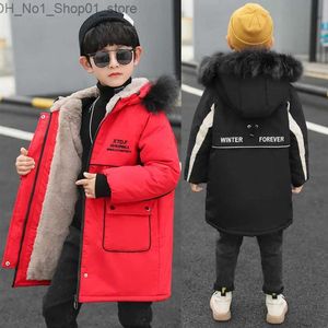 Down Coat 2023 Winter Boys Jacket Plush Thicken Cold Prevention Solid Color Hooded Down Cotton Windbreaker Coat For 4-14 Years Old Kids Q231205