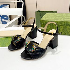 High heel sandals women designer sparkling ornament leather classic check luxury national style block-heeled sandal fairy shoes