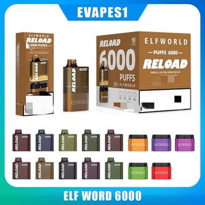 Original ELFWORLD RELOAD 6000 Pod Kit 6k Puff 0/2/3/5% Dispositivos de cigarros eletrônicos recarregáveis descartáveis Caneta Vape com bateria tipo-c 650mAh pré-preenchida 12ml Substitua VS vapme