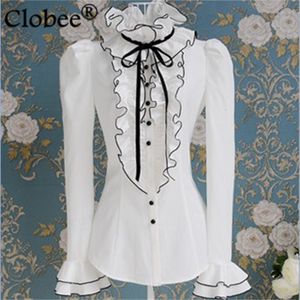 Women's Blouses Shirts Batas e Blusas spring and autumn white ruffle black ribbon bow bubble longsleeve shirt Elegant top blouses CD71 231204