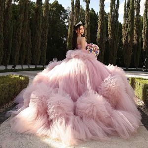 Розовые платья Quinceanera с открытыми плечами, многоуровневое тюлевое платье с бисером и кружевом, Vestidos De 15 Anos, 2024, бальное платье принцессы