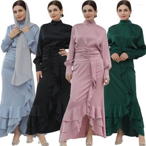 Etniska kläder blygsamma abaya satin muslimska ruffles 2 bit långärmad toppar och kjol set kalkon arabiska kaftan dubai eid party outfit islam