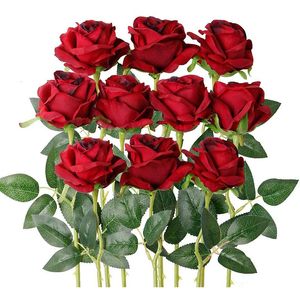 Christmas Decorations 10Pcs/Lot Red Artificial Rose Flower Fake Silk Realistic Roses With Stem Flowers Bouquet Wedding Party Home Valentine's Decor 231205