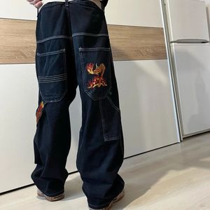 Mens Jeans Estilo Coreano Casual Y2K Street Mulheres Hip Hop Retro Padrão Baggy Punk Gótico Moda Cintura Alta Calças de Perna Larga 231204