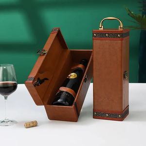 Juldekorationer Vintage PU Leather Box Wine Bottle Carrying Holder Storage Case for Gift Fashion Pack High Grade Friends Business 231205