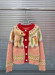 Европейская 13D короткая женская мода 23 осень/зима новый рождественский медведь вязаный винтажный кардиган с цветными блоками свитер пальто один размер подходит всем