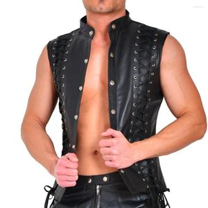 Coletes masculinos PU Moda Punk Colete de peito único Front Open Button Weskit Back Center Seam Drawstring Tank Top Faux Leather Slim-Fit Vest