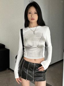 女性用Tシャツ3Dビキニスリミングプリントラウンドネック長袖トップ2023秋のセクシーな短いスリムフィットオールマッチTシャツ