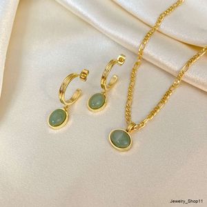 18K Green Aventurine Jade Round Pendant Figaro Chain Stainless Steel Necklace Earrings Set Vintage Gold Plated Jewelry for Women