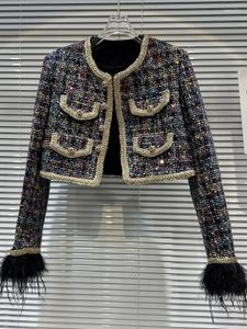 Giubbotti da donna 2023 Autunno Stile Classico Manica in pelliccia di struzzo Colore Paillettes Cappotto in tweed Donna Industria pesante Breve Office Street