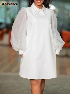 여성용 칼라 드레스 새로운 패션 메쉬 자수 플레어 우아한 세련된 퍼프 슬리브 미디 드레스