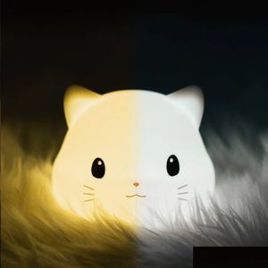 Lambalar Gölgeler Sile Cat LED Gece Işık Dokunmatik Sensör 2 Renk Döner Mabale Mabzen Zamanlayıcı USB Şarj Edilebilir Yatak Odası Başucu Lambası Çocuklar için Bebek Gif Dhraz