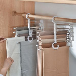 Cabides Racks 5 em 1 Calças Mágicas Rack de Aço Inoxidável Dobrável Pant Tie Cabide Prateleiras Quarto Armário Organizador Armazenamento de Guarda-Roupa 231205