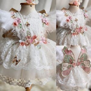 Boncuklu çiçek kız elbiseler düğün tüyleri için aplike edilmiş yürümeye başlayan pageant önlük tül diz uzunluk balo elbisesi çocuklar doğum günü elbise
