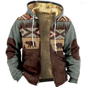 Erkek Hoodies 2023 Kış Zip-Up Uzun Kollu Polar Parka Palto Ayı Etnik Aşiret Baskı Sweatshirtleri Dış Giyim Ceketleri Palto