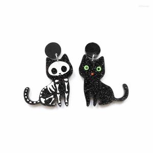 Stud Cute Animal Glitter Black Cat And Skeleton Asymmetric Acrylic Earrings For Women Lovely Kitty Fashion JewelryStud Kirs22272A