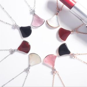 Solid 925 Sterling Silver Fan Shaped Pendant Necklace Black Agate Pink Opal Women Collarbone Necklaces Jewelry213K