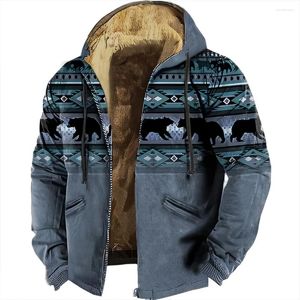 Men's Hoodies 2023 Winter Tribal Graphic Prints Classic Casual Hooded Zip-up Fleece Jacket Outerwear Holiday Vacation Clothing