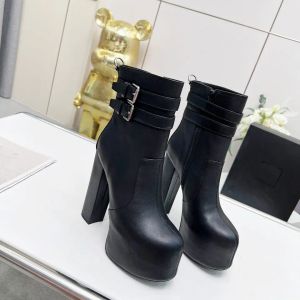 Luxury Designer for Women Ankle Boot platform boots round Toe 14.5cm high heel booties embellished buckle Genuine Leather zip closure chunky boots