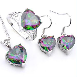 Set di gioielli da sposa Luckyshine 3 pezzi / set Orecchini Anelli Pendenti Set di gioielli Cuore Arcobaleno Topazio Collana in argento 925 Festa di nozze Ch Dhbtx