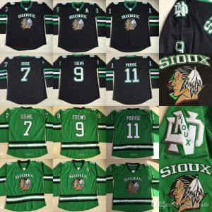 하키 노스 다코타 파이팅 수 ​​하키 9 조나단 투 우즈 #7 TJ Oshie #11 Zach Parise Fighting Hawks und Ice Hockey Jerseys Double Stiched