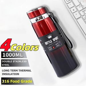 Thermoses 1000ml Thermal Water Bottle Thermos Vacuum Flask Double Stainless Steel Coffee Tea Insulated Cup Leakageproof for Office 231205