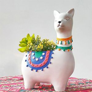 Alpaca Planter Harts Llama Flower Pot For Succulents Plants Handmålade Animal Pot Bonsai Home Garden Desktop Decoration Y200723221F