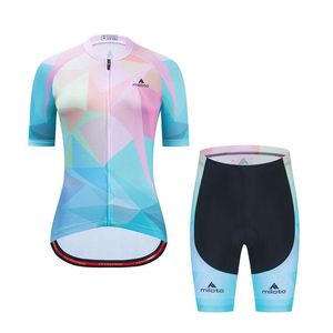 2022 Kvinnor ljusblå triathlon kvinnors cykeltröja shorts kort ärm ciclismo feminino set gel pad232o