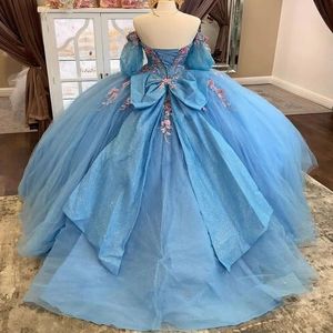 Meksika Sky Mavisi Omuz Balysu Elbise Quinceanera Elbise Boncuk Axtiques Bow Doğum Günü Partisi Elbise Tatlı 16 15 Robe De Ball