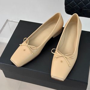 Damen-Kleiderschuhe, Slip-on-Loafer, Designer-Kalbsleder, Schleife, quadratische Zehenpartie, Ballettschuh, klobige niedrige Absätze, Freizeitschuh, Damen-Freizeitschuh, offener Espadrille-Schuh mit Staubbeuteln