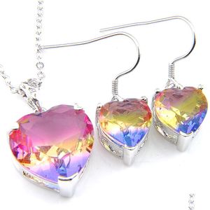 Earrings & Necklace Wholesale Luckyshine Heart Crystal Zircon Gems Necklace Earring Set Sier Tourmaline Wedding Pendants Jewelry Sets Dhgr9