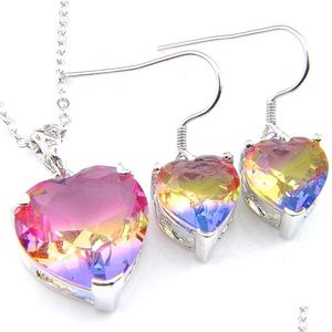 귀걸이 목걸이 도매 Luckyshine Heart Heart Crystal Zircon Gems 목걸이 귀걸이 세트 Sier Tourmaline 웨딩 펜던트 보석 세트 dhgr9