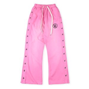 Calça de moletom masculina 24ss, botão lateral, rosa, cordão, vintage, cinza, roupa de rua, calça hip hop superior