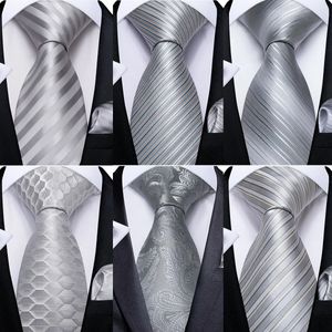 Neck Ties DiBanGu Mens Silver Striped Silk Wedding Tie For Men Hanky Cufflinks Set Fashion Designer Bussiness Party Drop 231215