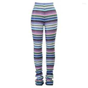 Women's Jeans Women High Waist Knitted Long Pants Multicolor Striped Hipster Skinny Pleated Stacked Trousers Crochet Streetwear Dropship