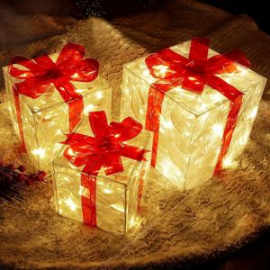 Weihnachtsdekorationen, 3er-Set, 60 LED-beleuchtete Geschenkboxen, transparente warmweiße Box, Decrations-Geschenkboxen mit rotem Bo 231204