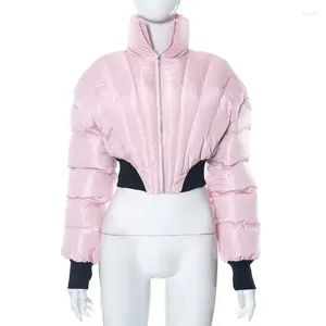 Women's Jackets 2023 Winter Cropped Puffer Jacket Women Parka Pink Patchwork Long Sleeve Zip-Up Warm Short Down Coat Female Bubble Quilted