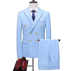 Mäns kostymer Blazers Fashion Men's Business Double Breasted Solid Color Suit Coat / Man Slim Wedding 2 Pieces Blazers Jacket Pants Byxor 231205