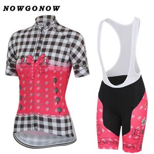 Kvinnor Cykling Jersey Set Pretty Flowers Grid Pink Clothing Cykla Wear Girl Lady Pro Road Mountain Triathlon Nowgonow Gel Pad Bib SH264A