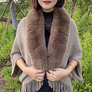 Scarve Winter Faux Fur Collar Shawls Thicken Warm Knitted Tassel Sweater Cardigan Female Elegant Long Wraps Shawl Cloak Capes 231204