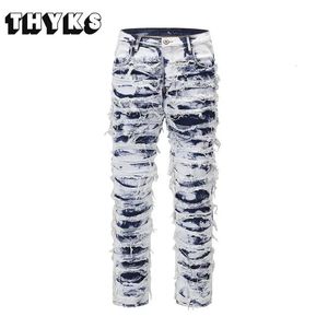 Mens Jeans veckade förstörande nödställda män Y2K Hombre Baggy Denim Casual Pants Harajuku Streetwear Skinny Trousers Male Spring 231204