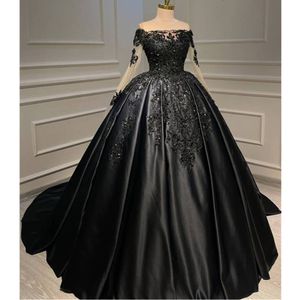 فساتين Quinceanera ذات الأزهار السوداء من Bride Ball v Neck Depliques Defuls Duitys تخصيص الأكمام الطويلة Vestido de Novia Prom Dress YD 328 328
